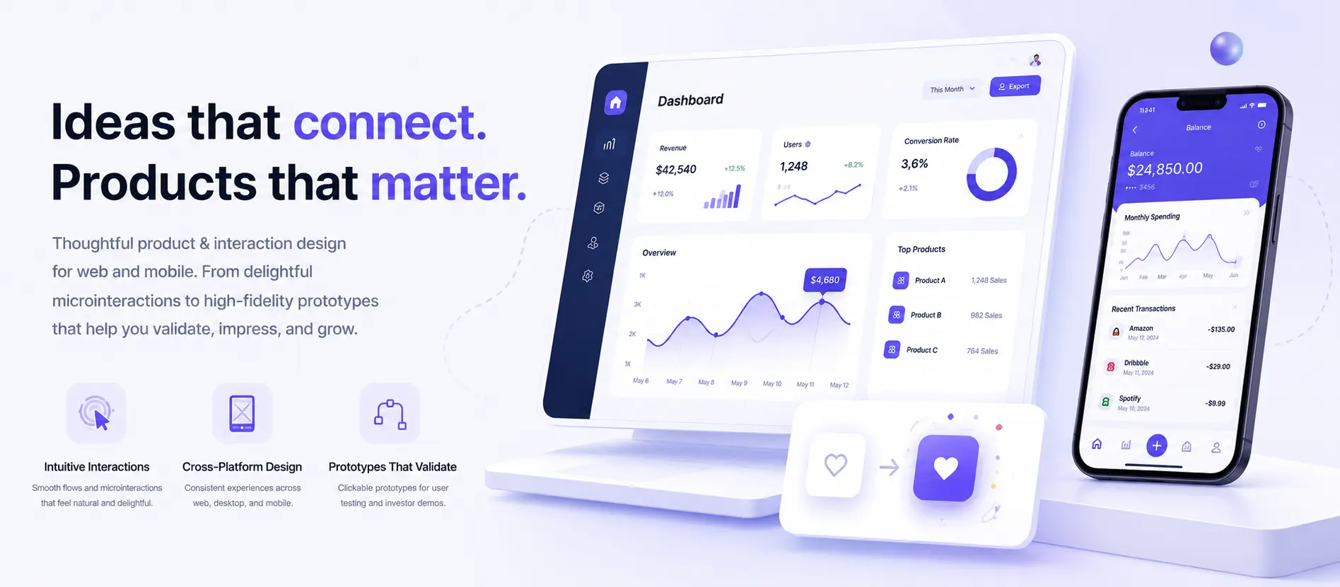 Product and interaction design in Greensboro, NC — app UI, microinteractions and clickable prototypes